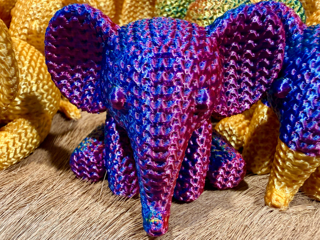 The Multicolor Elephant 100% hero shot, purple-blue-magenta silk PLA gradient