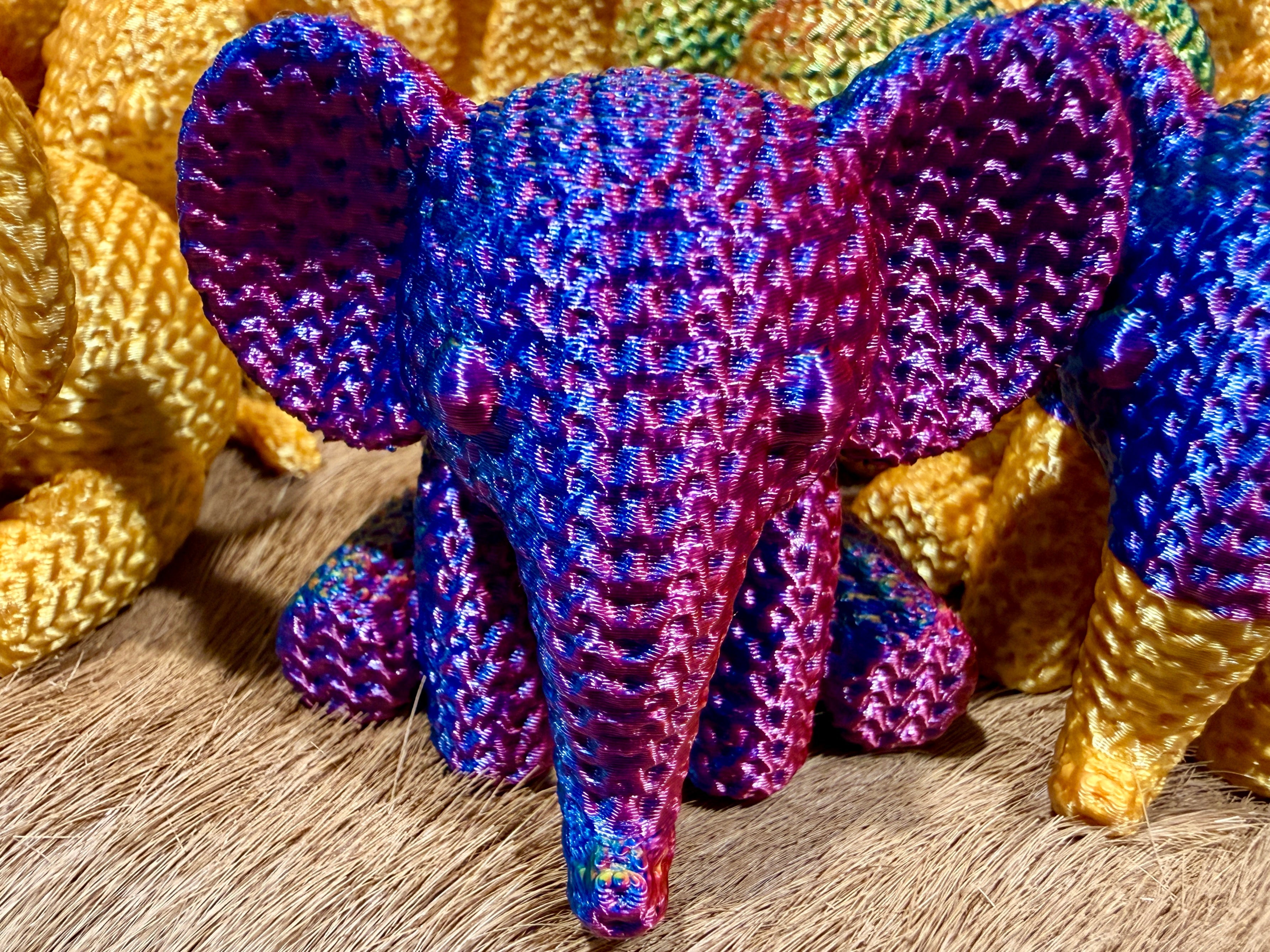 The Multicolor Elephant 100% hero shot, purple-blue-magenta silk PLA gradient
