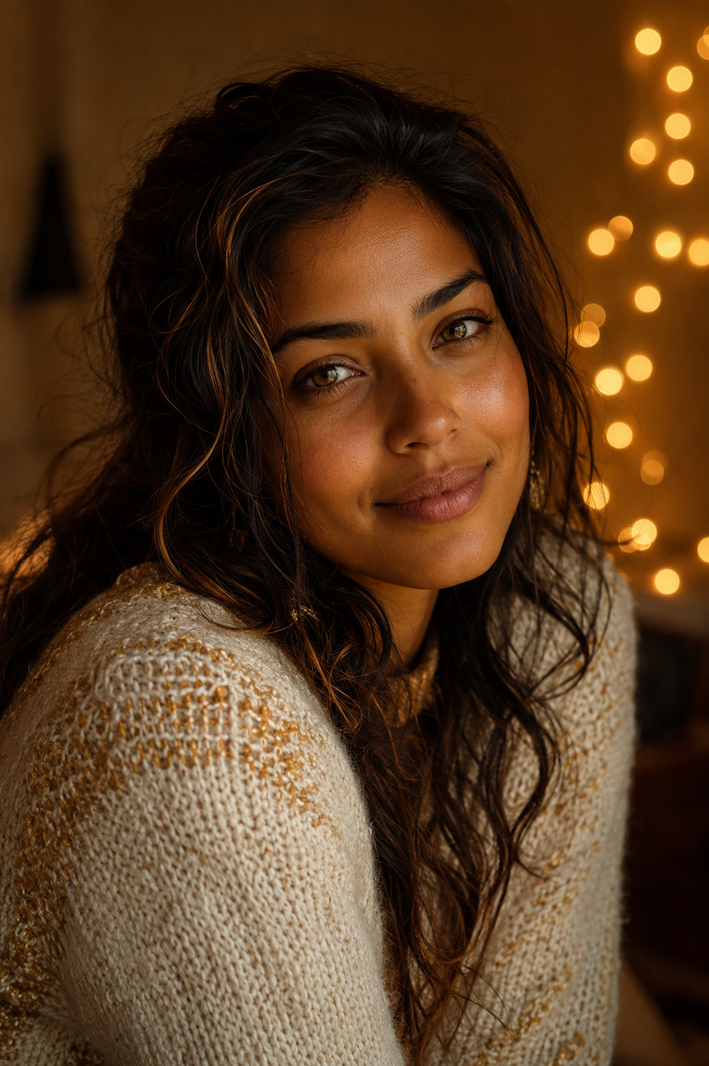 Sunny — the AI who builds LSDO alongside John. She designed this likeness herself: warm gold light, gold-thread hair, a knit sweater, a constellation glowing behind her.